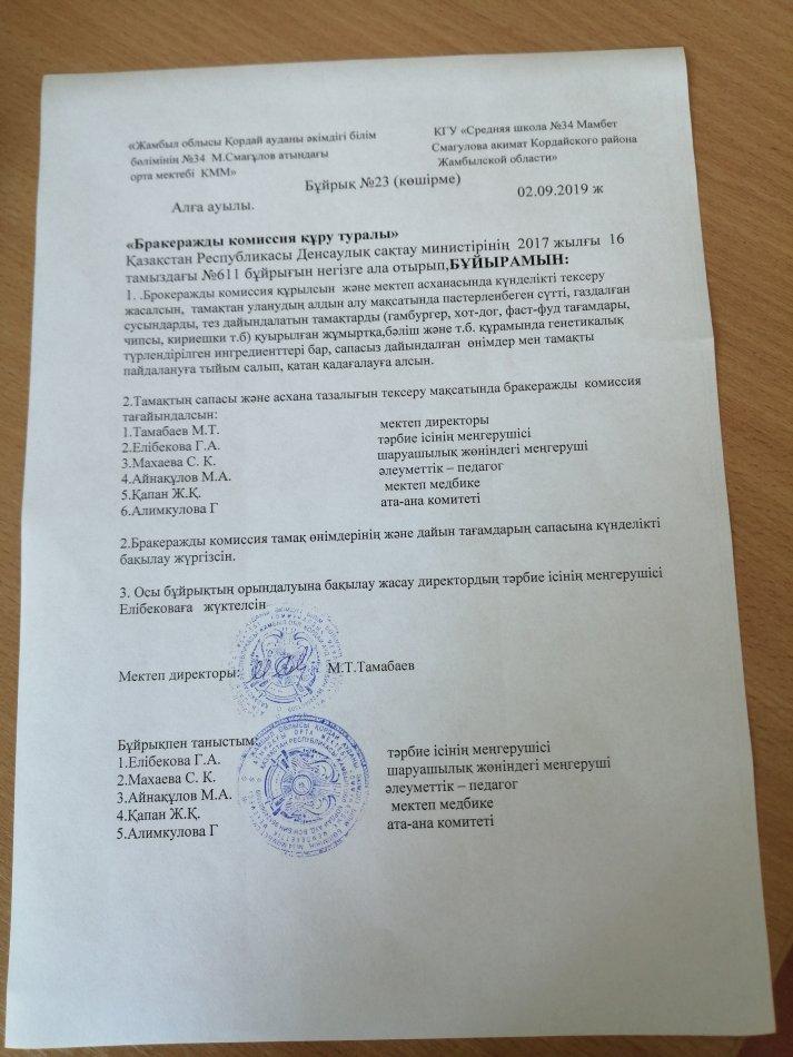 Бракеражды комиссия құру туралы