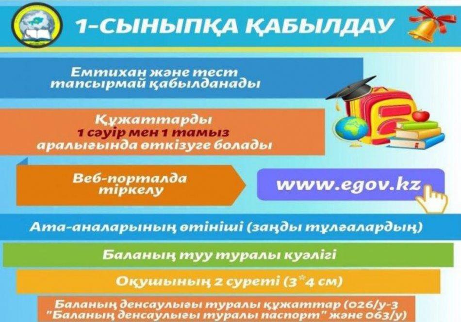 2022-2023 Оқу жылына оқушыларды 1- сыныпқа қабылдау 1 сәуір мен -1 тамыз  аралығында жүргізіледі.