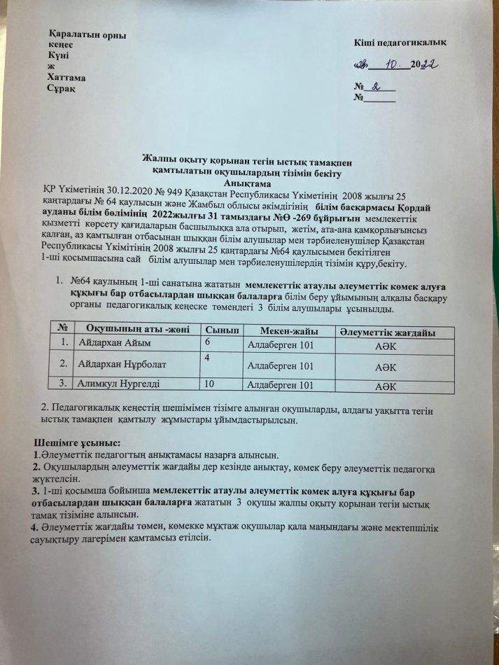 Жалпы оқыту қорынан тегін ыстық тамақпен қамтылатын оқушылардың тізімін  бекіту.